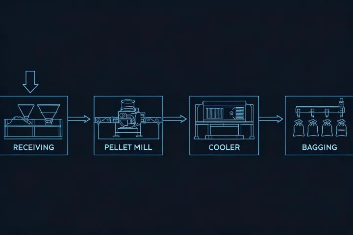 Schematic mill layout showing receiving, mill, cooler and bagging without a street address